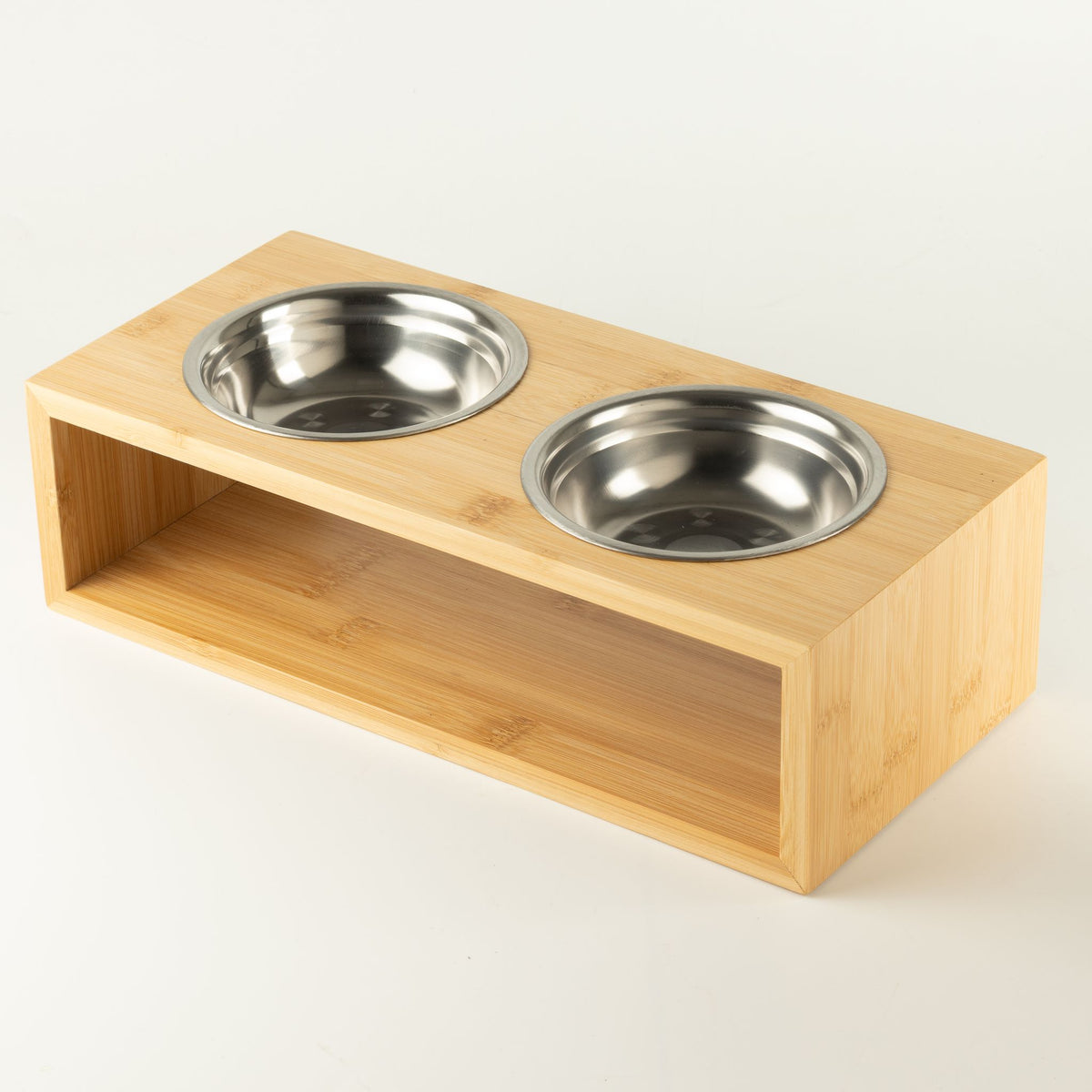 Doppia ciotola grande in acciaio inox con supporto in legno – 2 × 13 cm