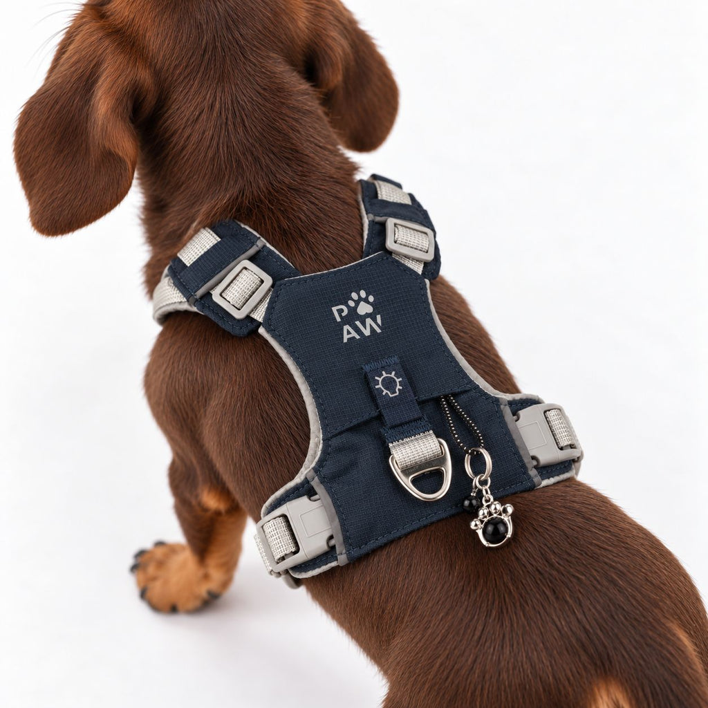 Pettorina Guardian grigio roccia con ciondolo in ossidiana nera – taglia XS (2–4 kg)