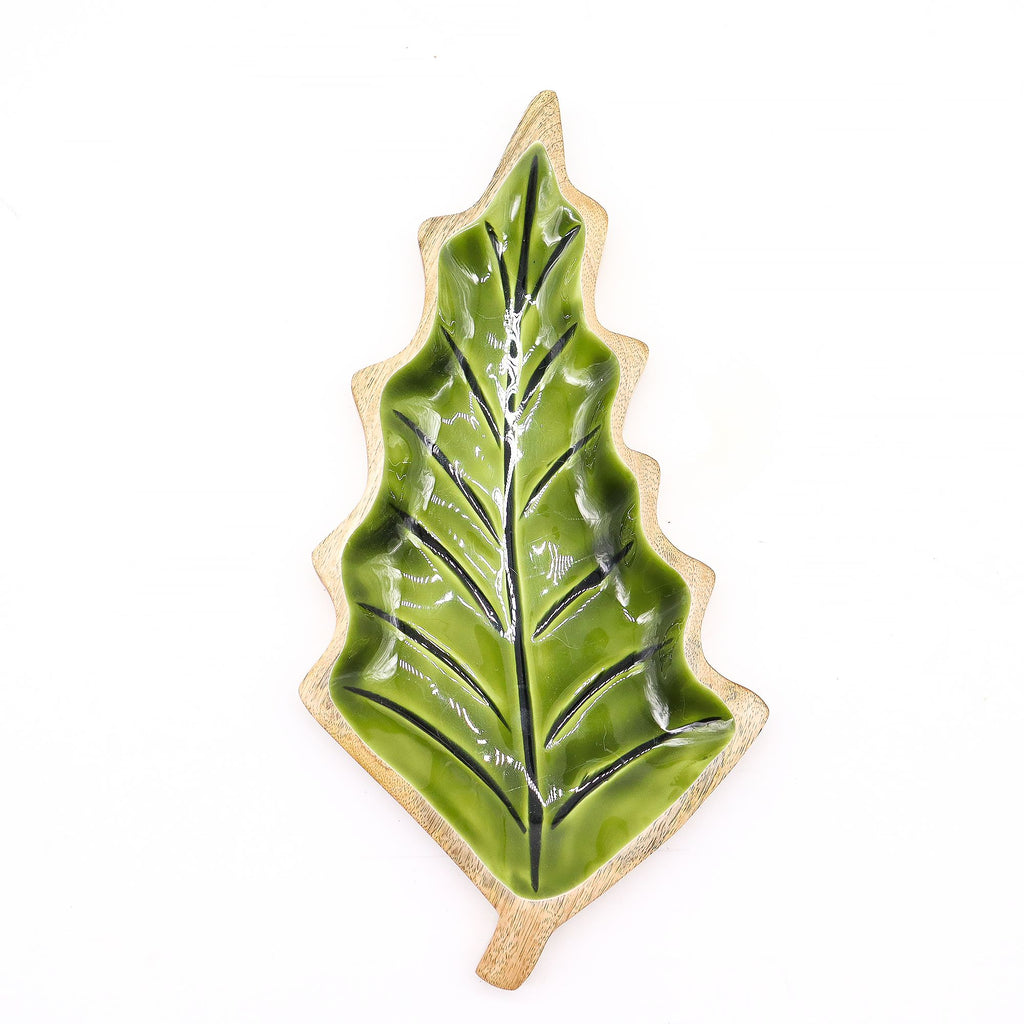 Ciotola a foglia in legno di mango e smalto verde – 33 x 17 cm