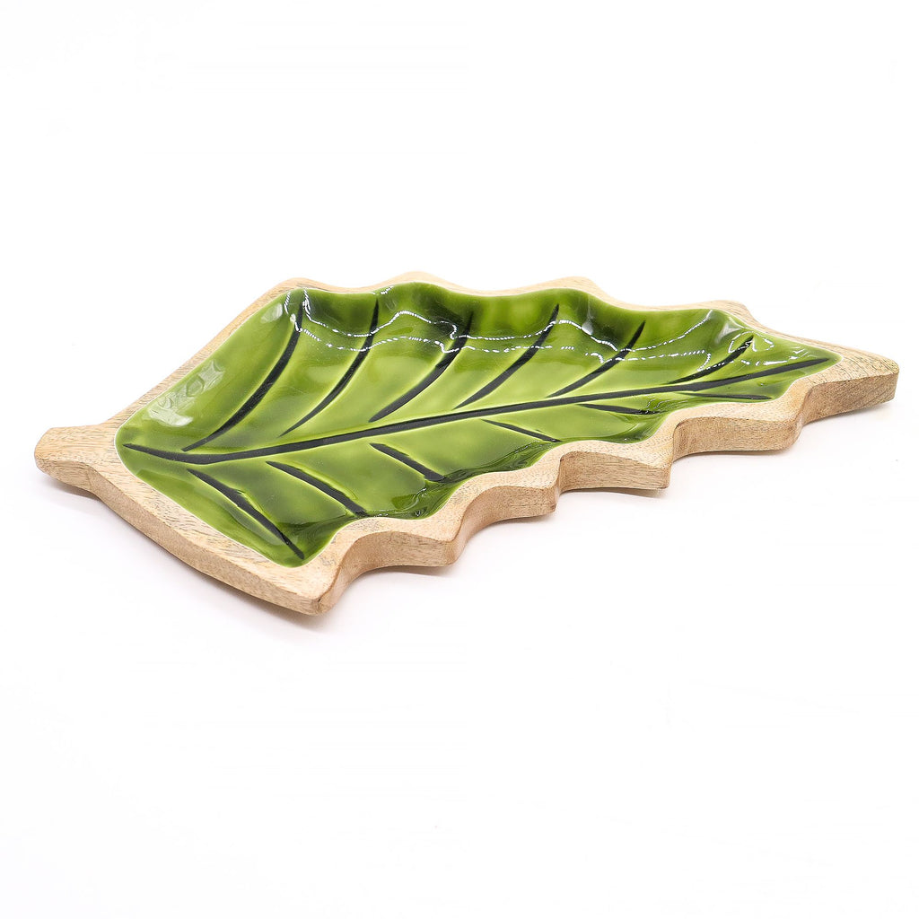 Ciotola a foglia in legno di mango e smalto verde – 33 x 17 cm