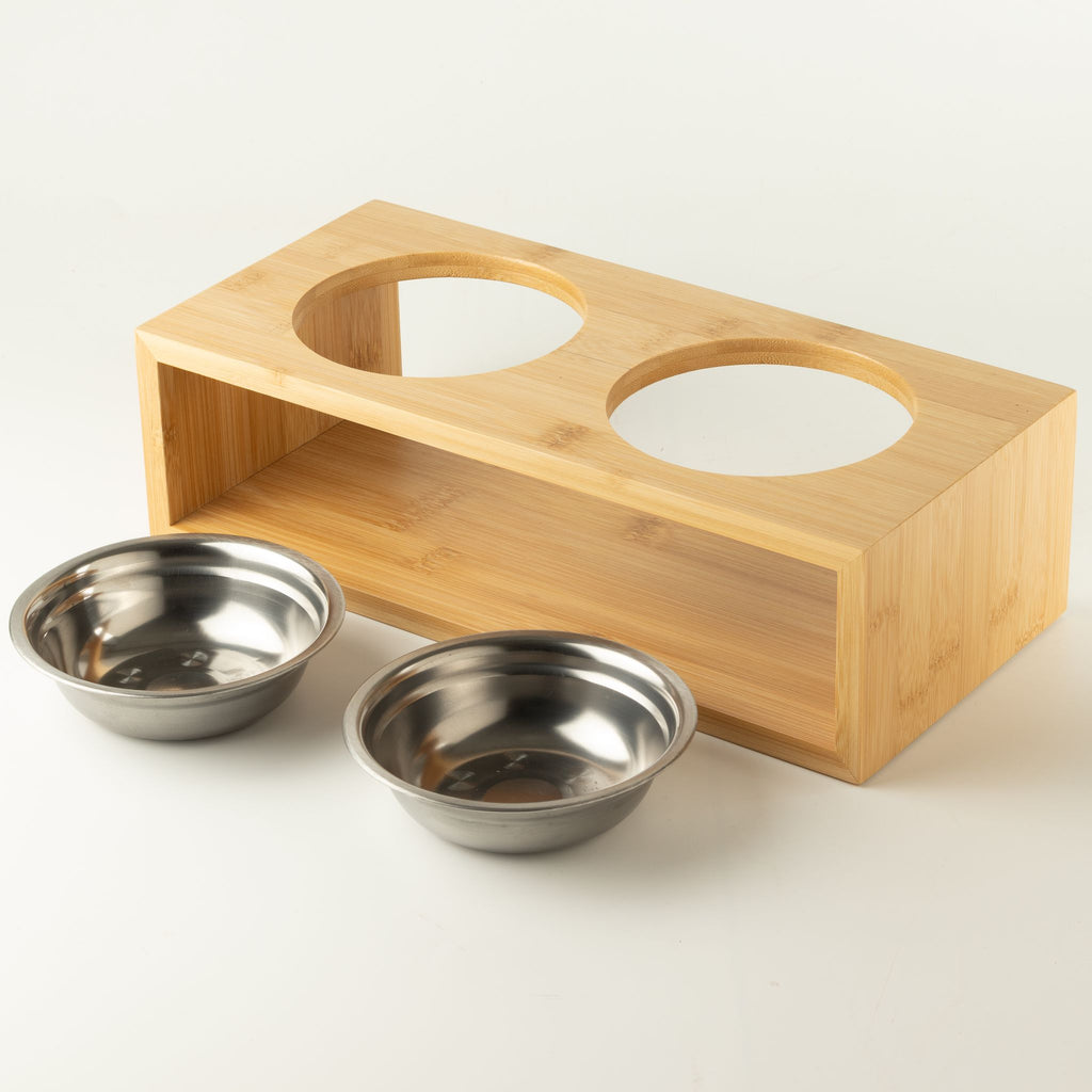 Doppia ciotola grande in acciaio inox con supporto in legno – 2 × 13 cm