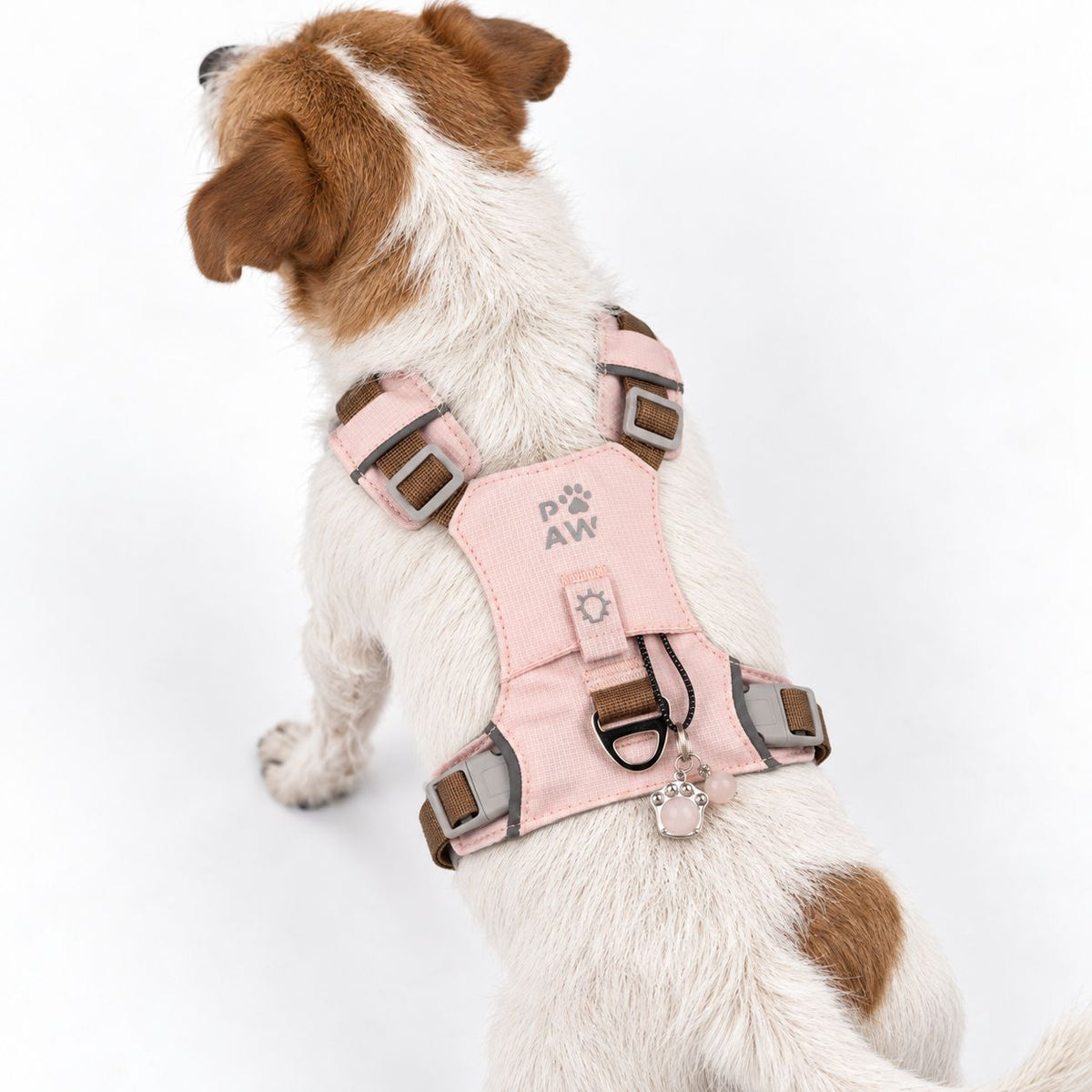 Pettorina Guardian rosa cipria con ciondolo in quarzo rosa – taglia S (4–8 kg)