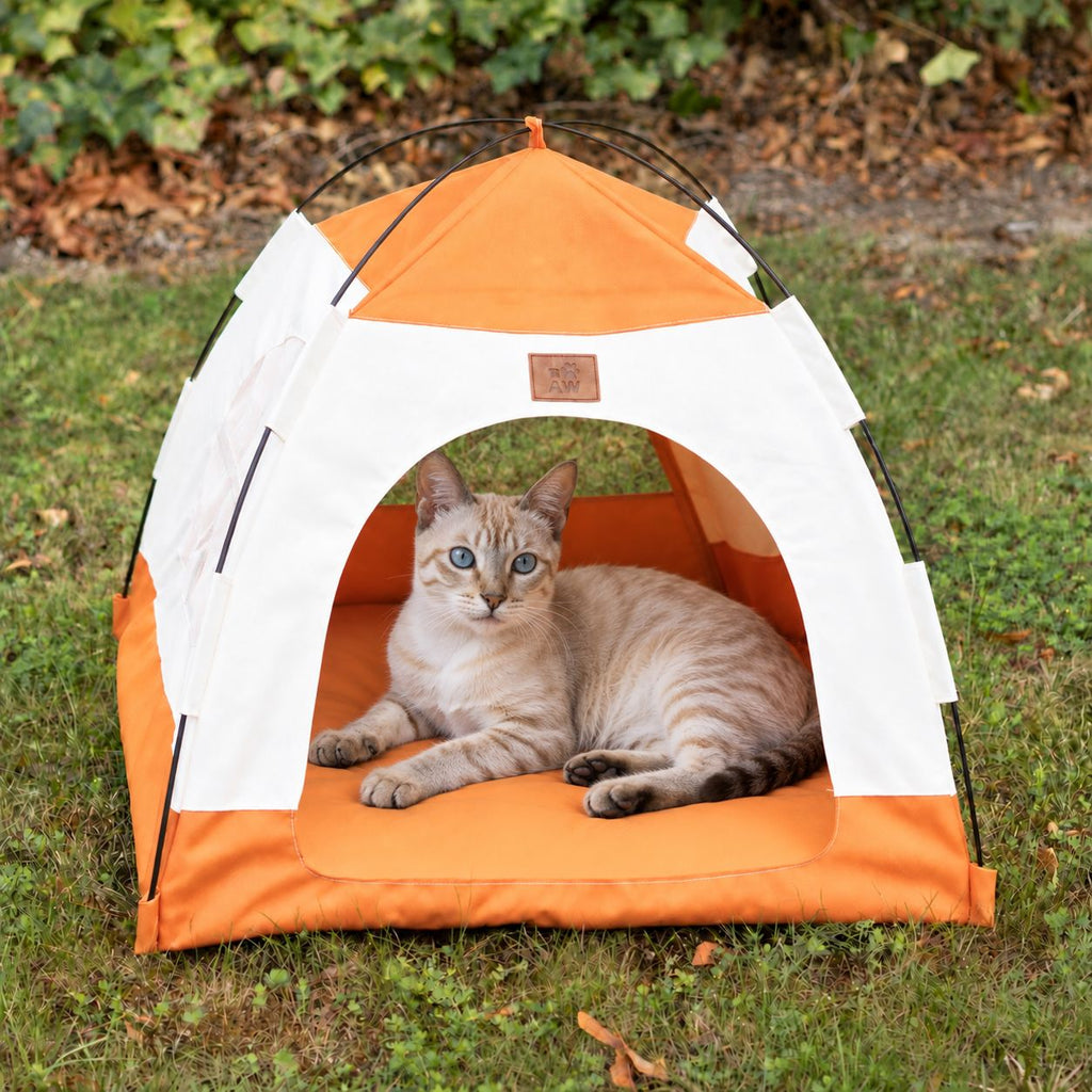 Cuccia a tenda beige e arancione – grande, 58 × 58 × 48 cm