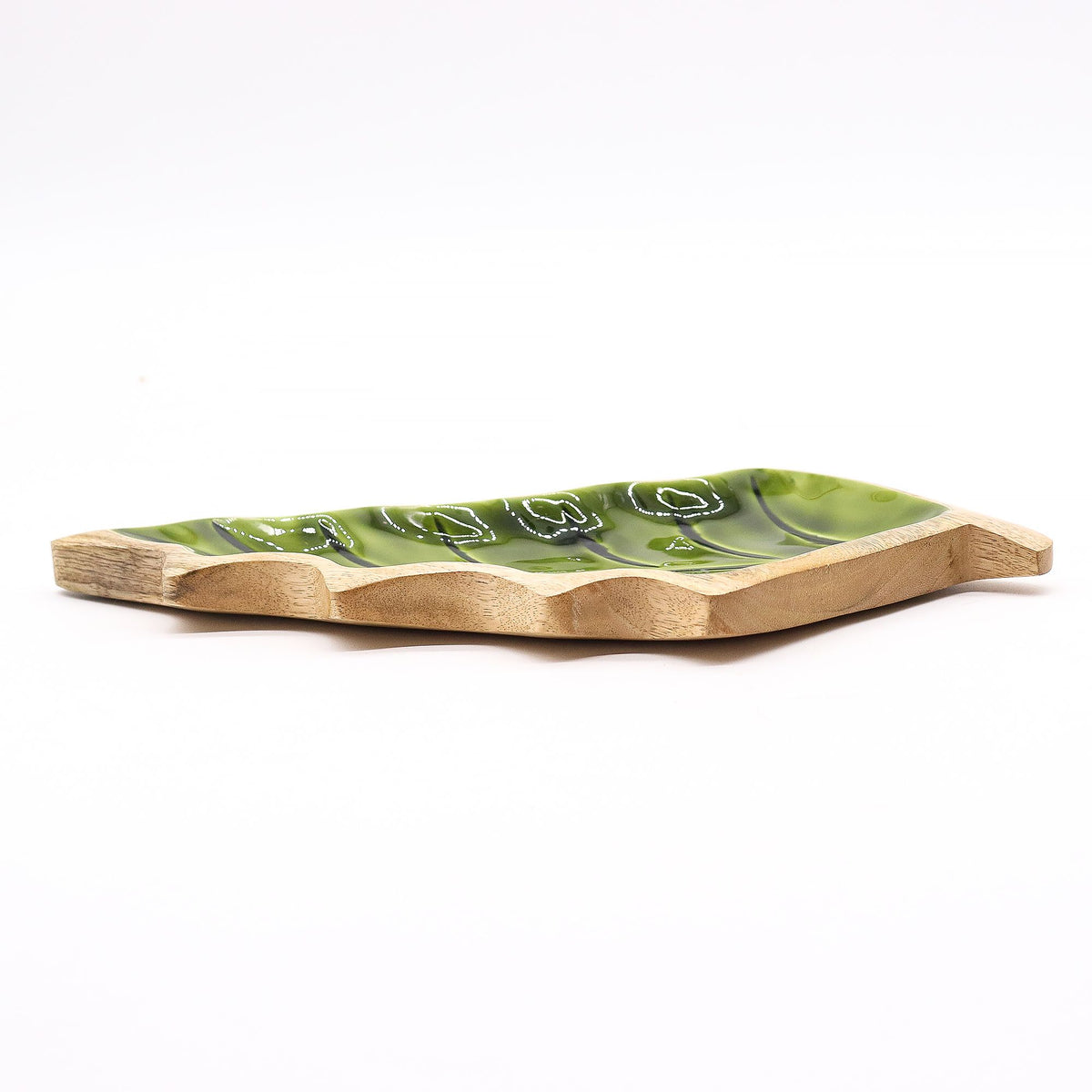 Ciotola a foglia in legno di mango e smalto verde – 33 x 17 cm