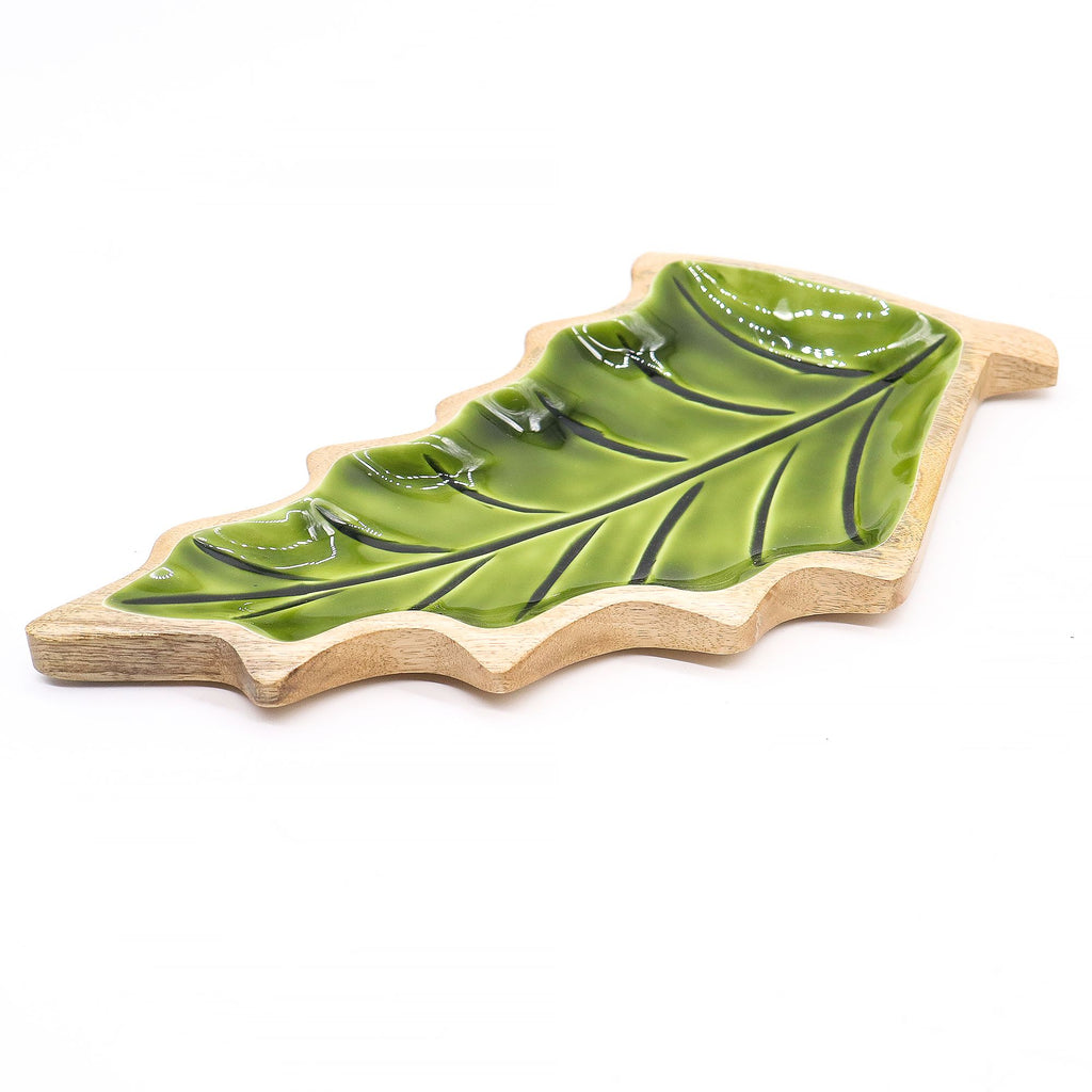 Ciotola a foglia in legno di mango e smalto verde – 33 x 17 cm