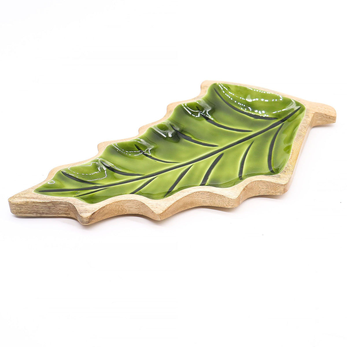Ciotola a foglia in legno di mango e smalto verde – 33 x 17 cm