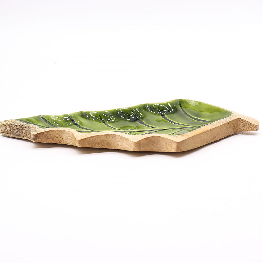 Ciotola a foglia in legno di mango e smalto verde – 33 x 17 cm