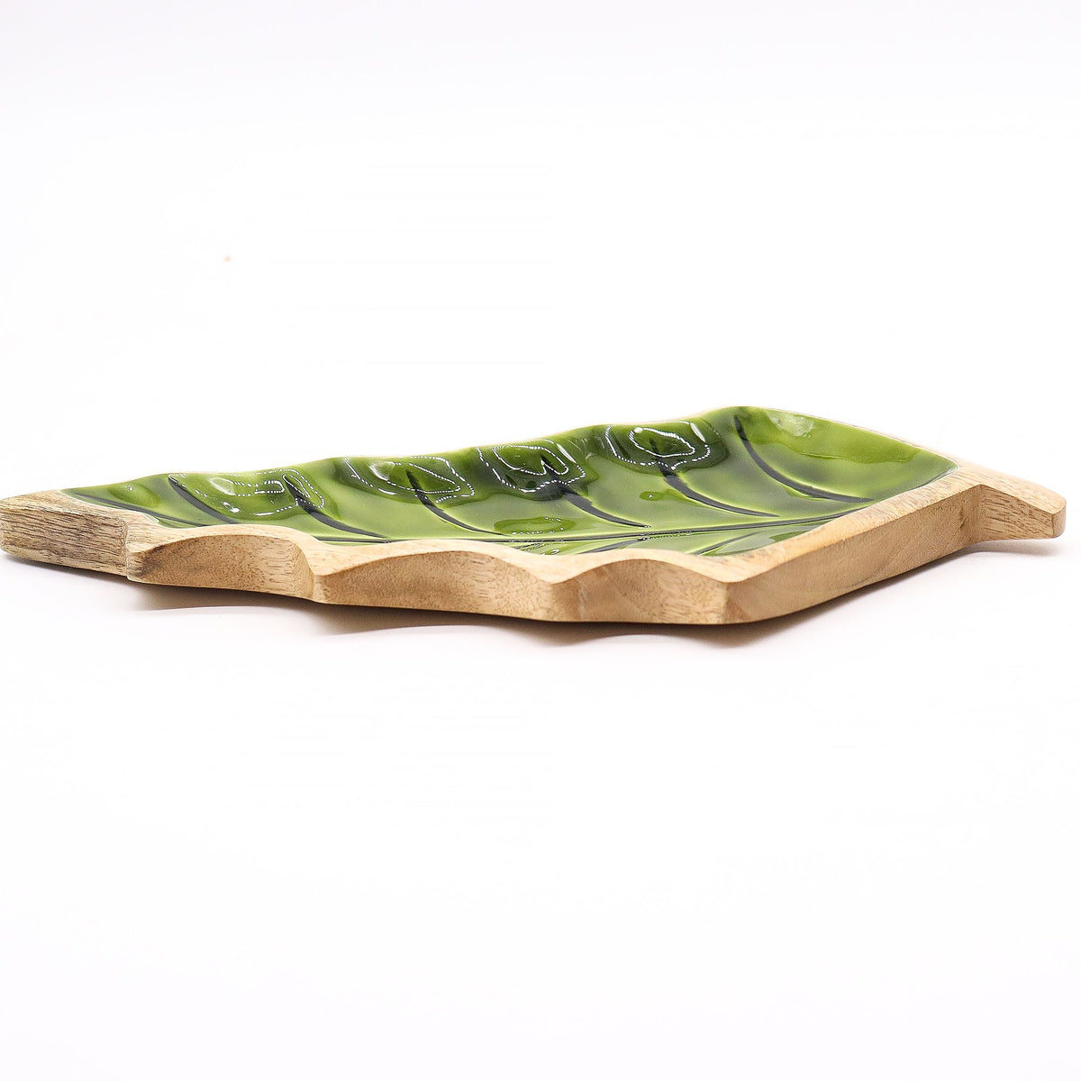 Ciotola a foglia in legno di mango e smalto verde – 33 x 17 cm