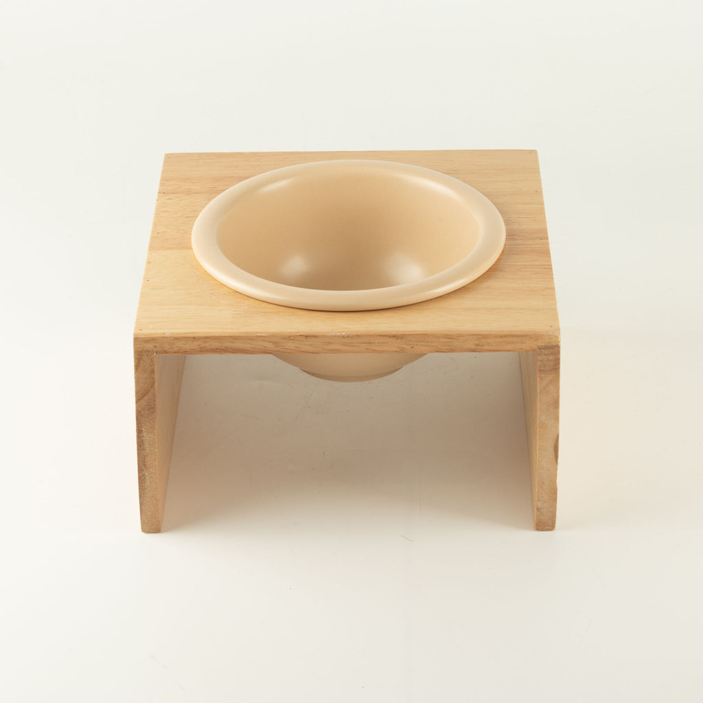 Ciotola in ceramica crema con supporto in legno – 14 cm