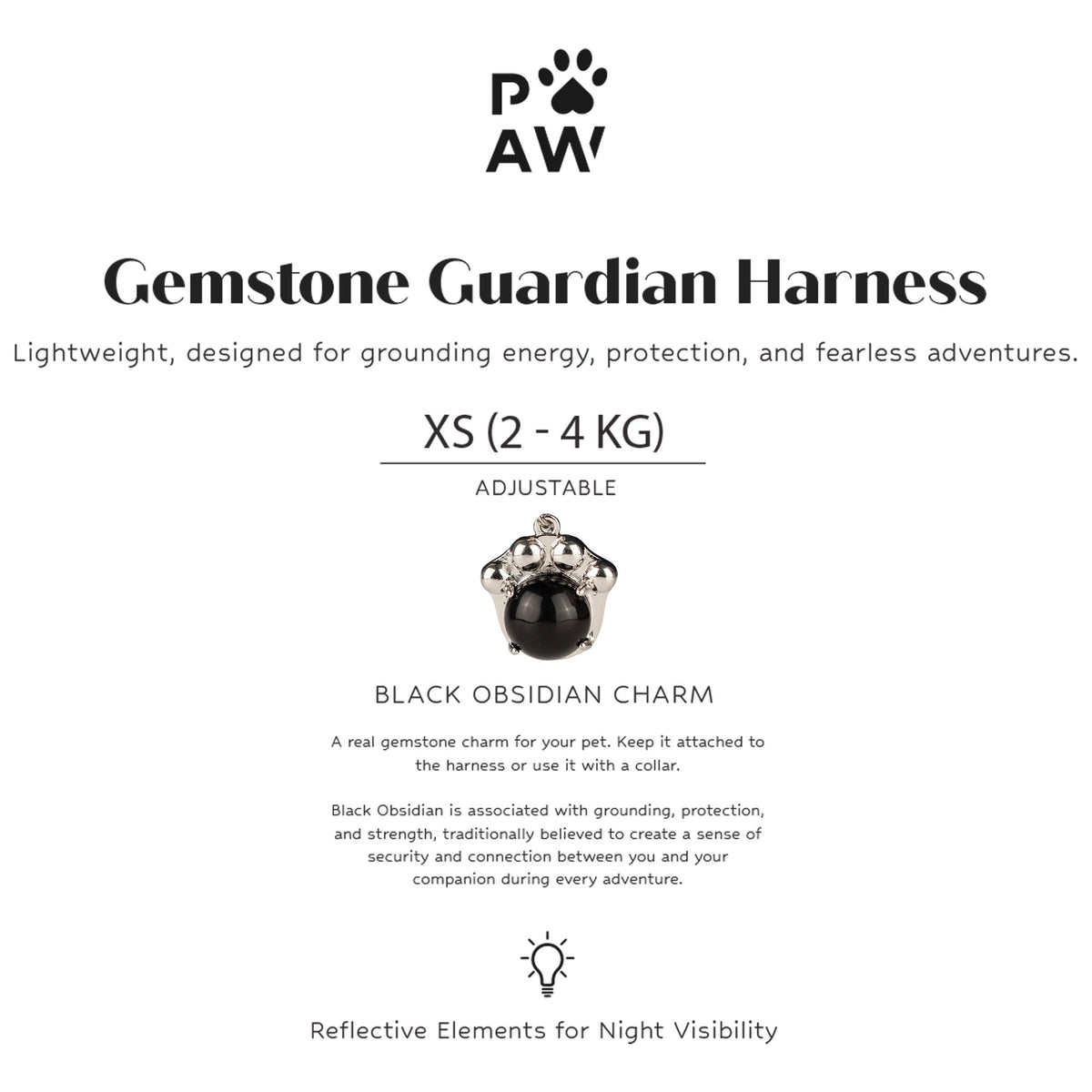 Pettorina Guardian grigio roccia con ciondolo in ossidiana nera – taglia XS (2–4 kg)