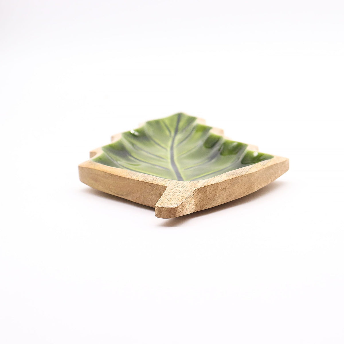 Ciotola a foglia in legno di mango e smalto verde – 33 x 17 cm