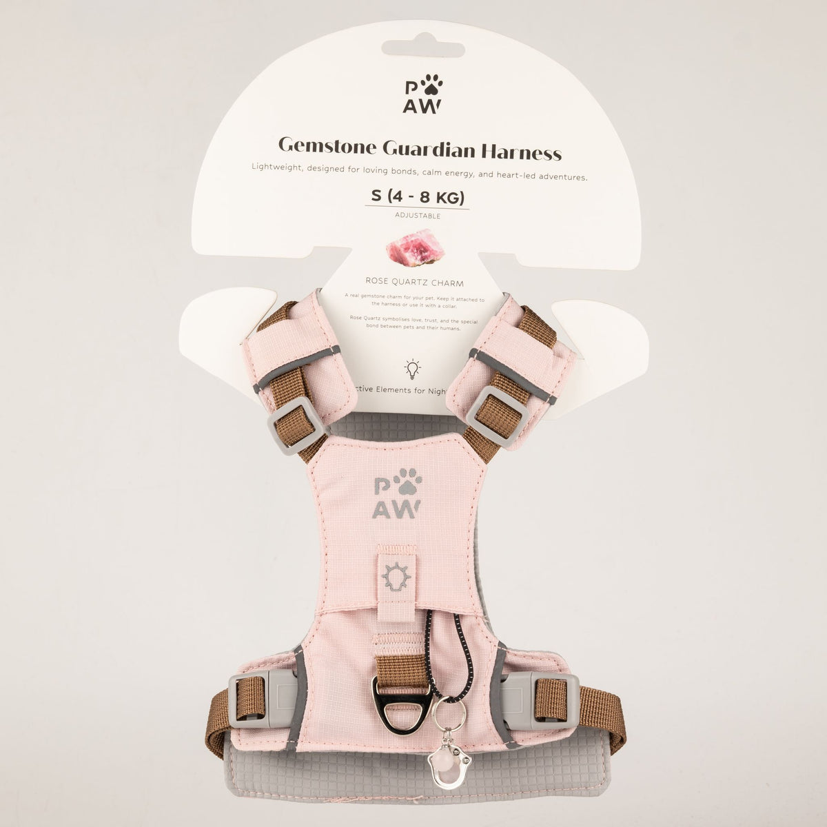 Pettorina Guardian rosa cipria con ciondolo in quarzo rosa – taglia S (4–8 kg)