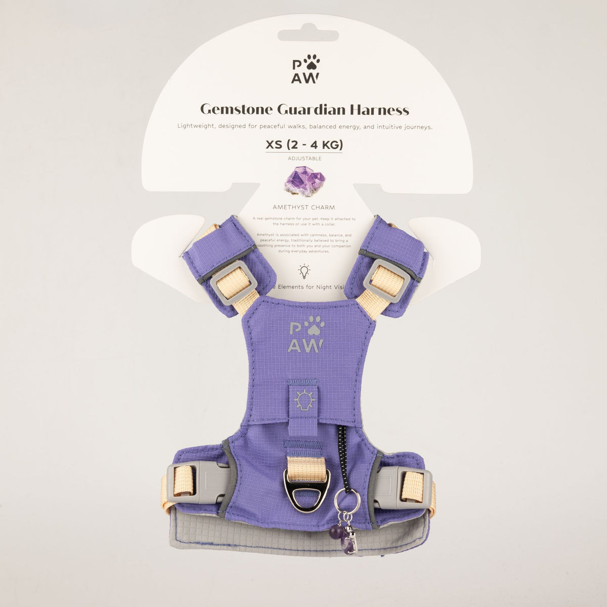 Pettorina Guardian lavanda con ciondolo in ametista – taglia XS (2–4 kg)