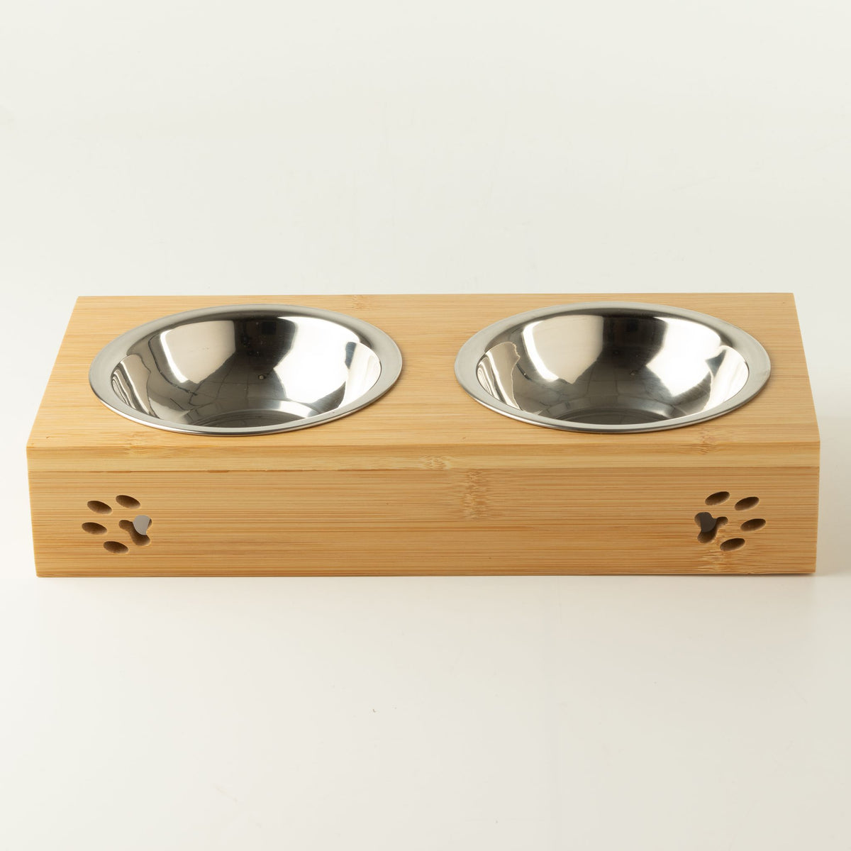 Doppia ciotola in acciaio inox con supporto in legno – 2 × 12 cm