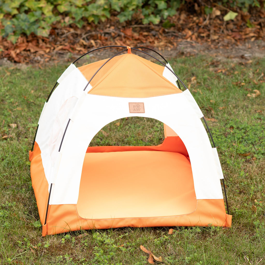 Cuccia a tenda beige e arancione – grande, 58 × 58 × 48 cm