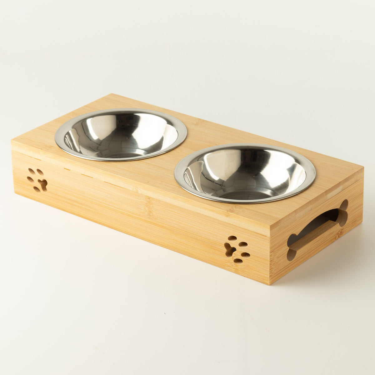 Doppia ciotola in acciaio inox con supporto in legno – 2 × 12 cm