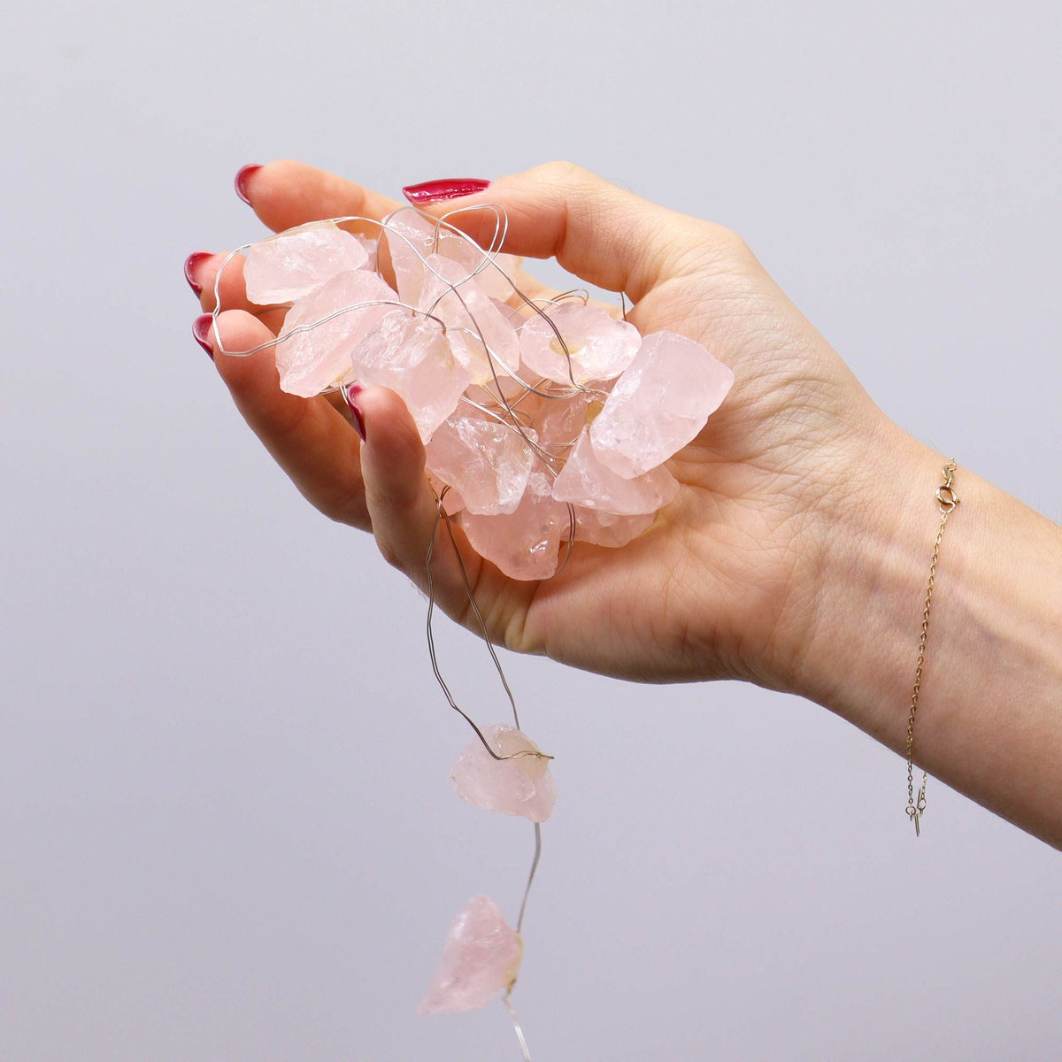 Filo di luci con cristalli di quarzo rosa – 227 cm, USB