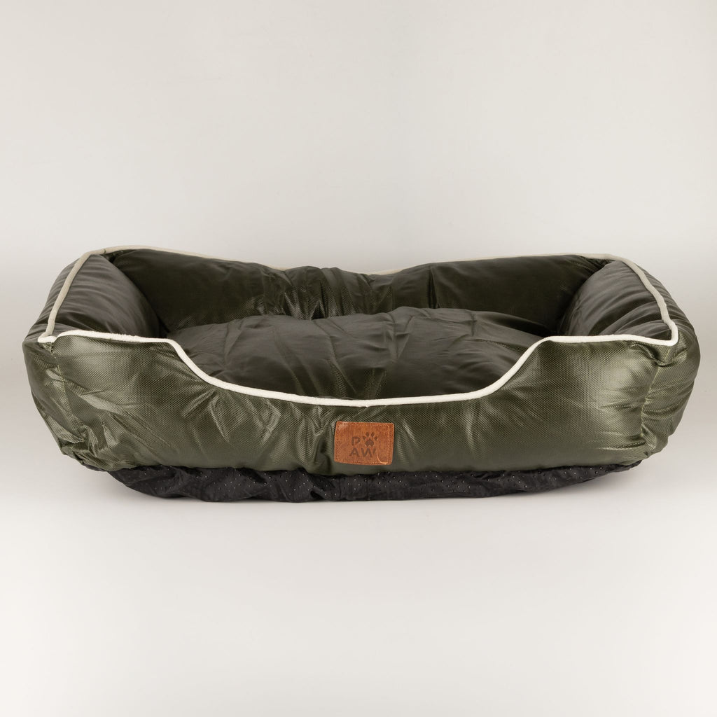 Cuccia verde kaki con bordino crema – piccola, 60 × 50 × 15 cm
