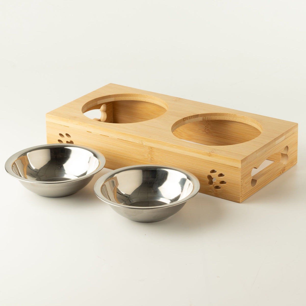Doppia ciotola in acciaio inox con supporto in legno – 2 × 12 cm