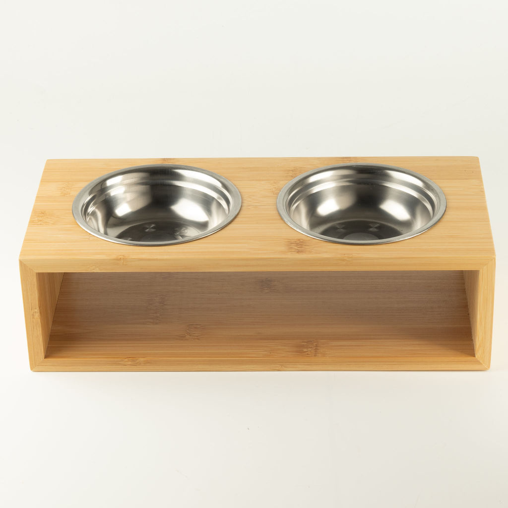 Doppia ciotola grande in acciaio inox con supporto in legno – 2 × 13 cm