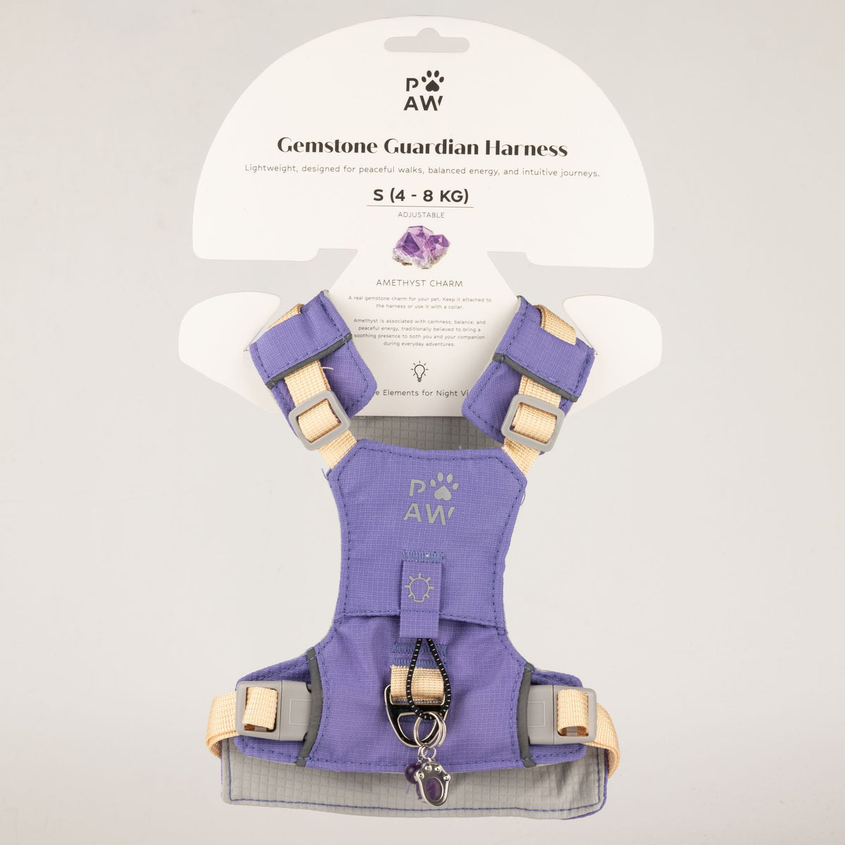 Pettorina Guardian lavanda con ciondolo in ametista – taglia S (4–8 kg)