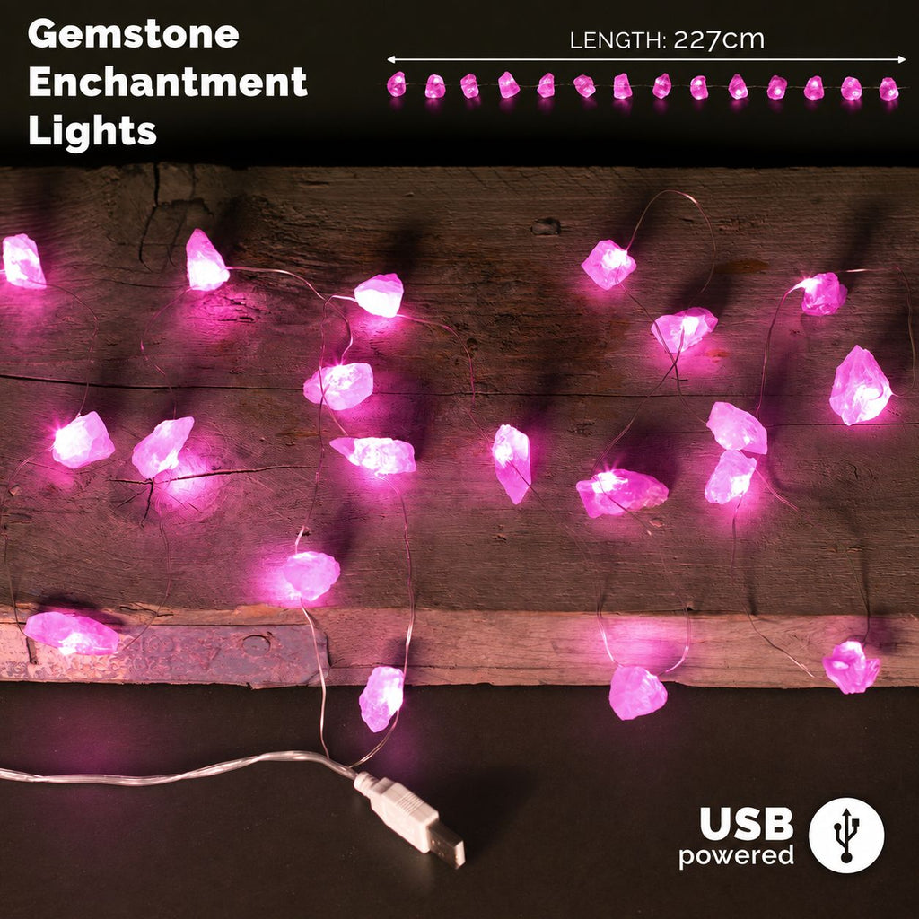 Filo di luci con cristalli di quarzo rosa – 227 cm, USB