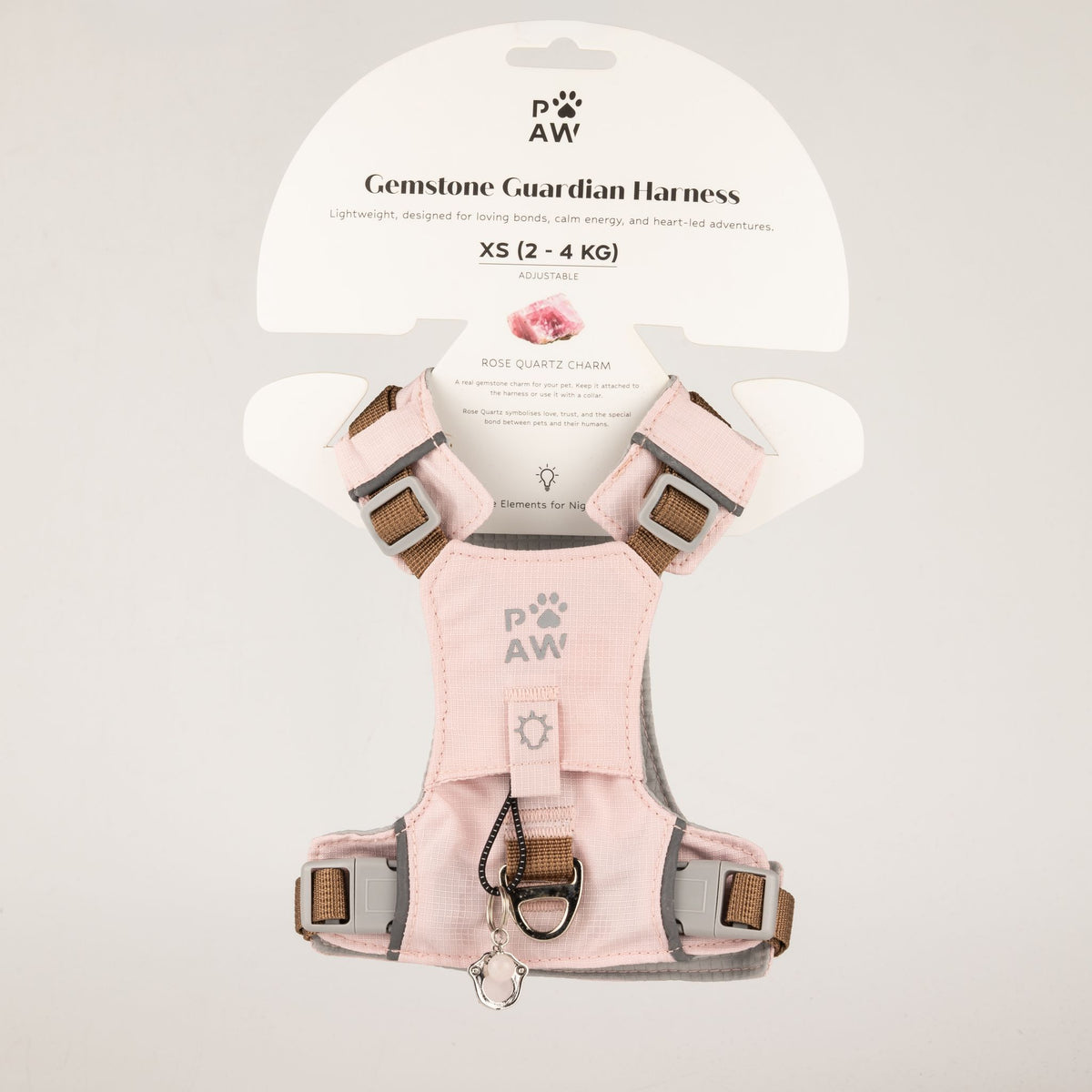 Pettorina Guardian rosa cipria con ciondolo in quarzo rosa – taglia XS (2–4 kg)