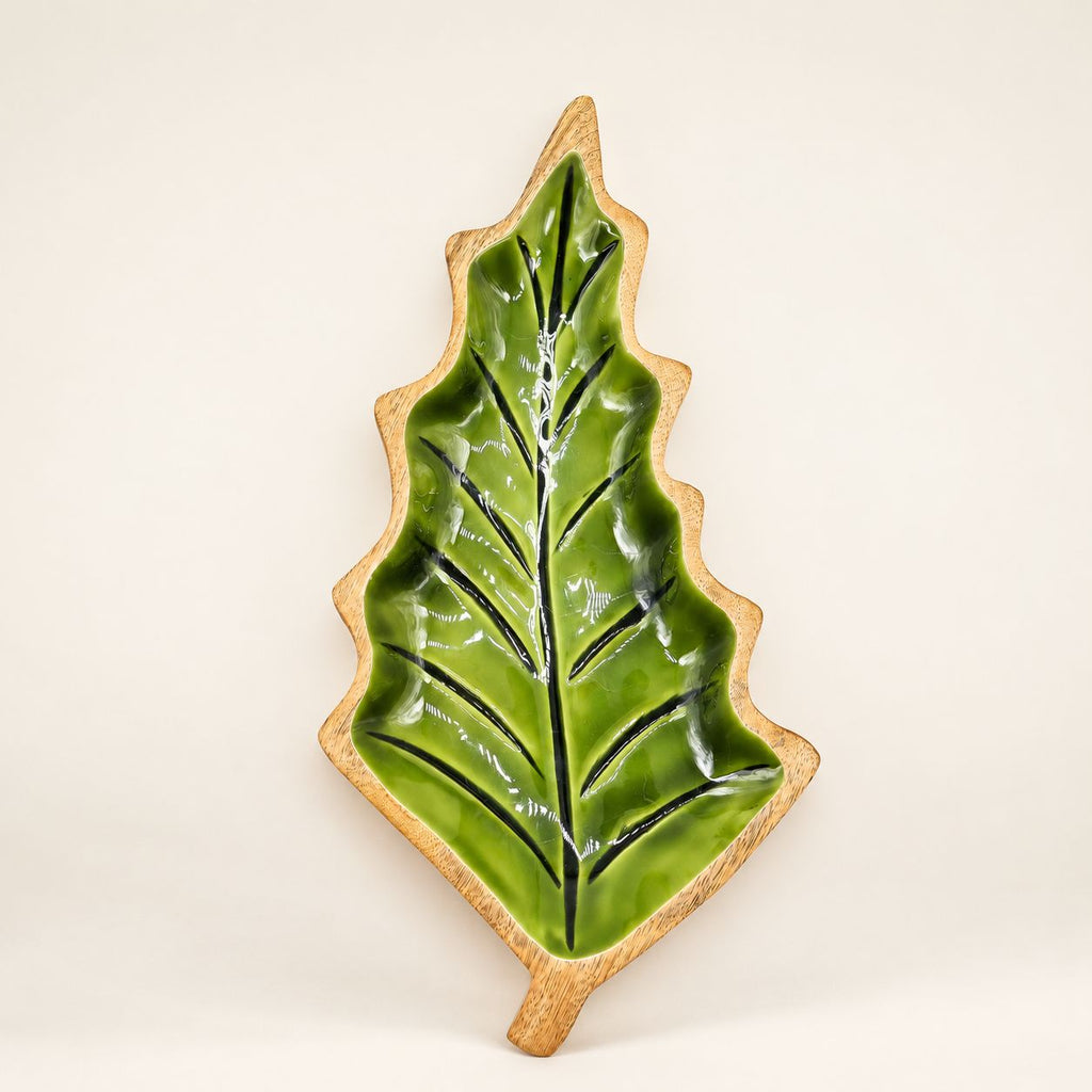 Ciotola a foglia in legno di mango e smalto verde – 33 x 17 cm