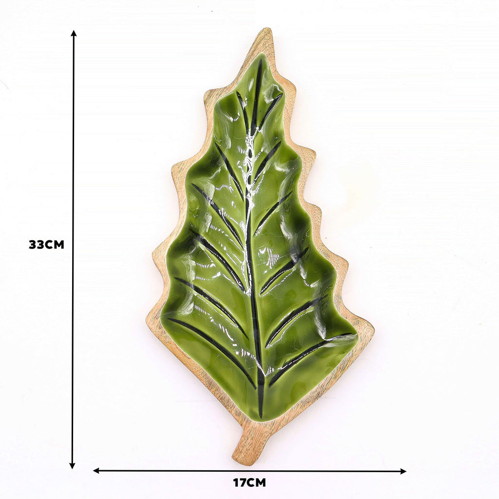 Ciotola a foglia in legno di mango e smalto verde – 33 x 17 cm