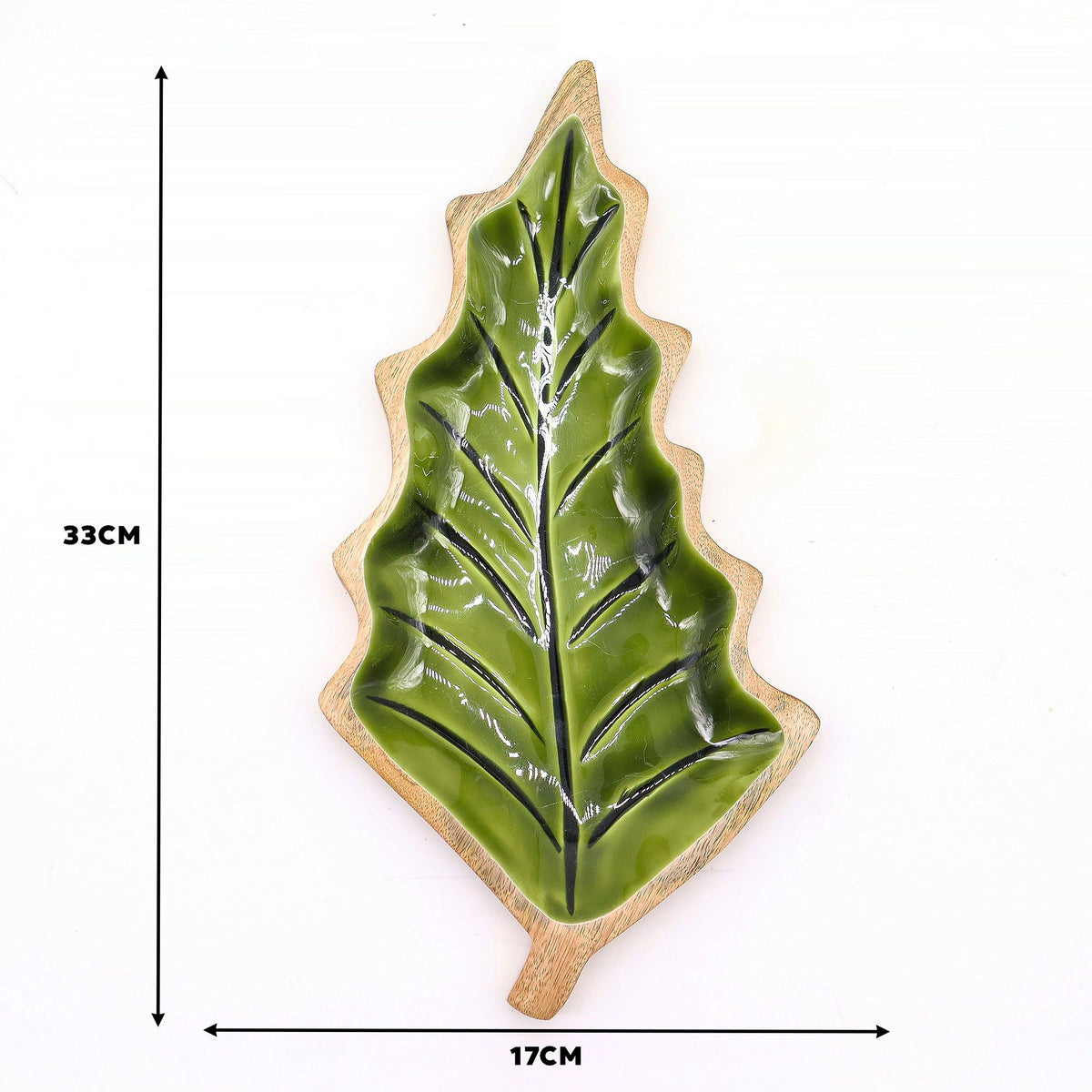 Ciotola a foglia in legno di mango e smalto verde – 33 x 17 cm